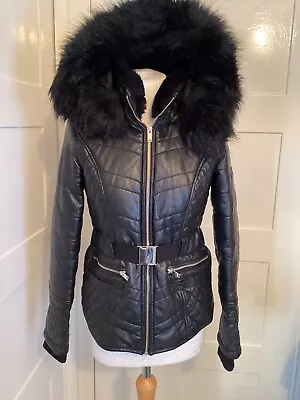 Buy River Island Black Faux Leather Quilted Fur Trim Hood Belted Jacket Size 8 • 8£