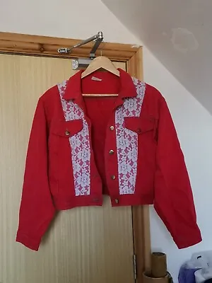 Buy Vintage Red Denim White Lace Jacket • 9.99£