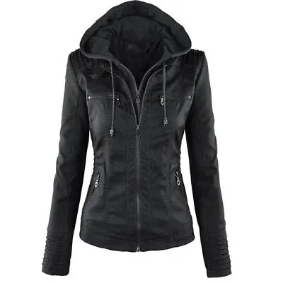 Buy Womens Ladies Faux Leather Hooded Jacket Biker Jackets Coat Slim Outwear Tops • 36.19£