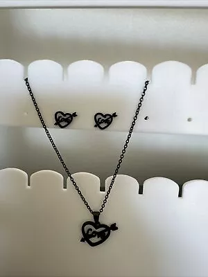 Buy Black Heart Love Necklace And Earrings Set For Women | Jewellery | Love • 4.99£