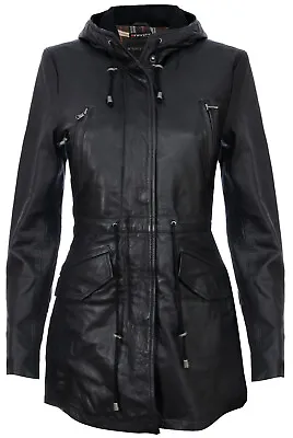Buy Women's Black Leather Hooded Parker Jacket Multi-Pocket Trench Coat • 129.99£