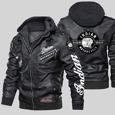 Buy Indian Motorcycle Printed Leather Jacket With Detachable Hood Biker Black Jacket • 132£