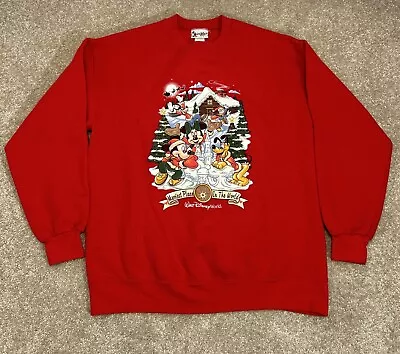 Buy 2001 Red Vintage Disney Christmas Sweatshirt Size L Mickey Goofy Donald Minnie • 37.88£