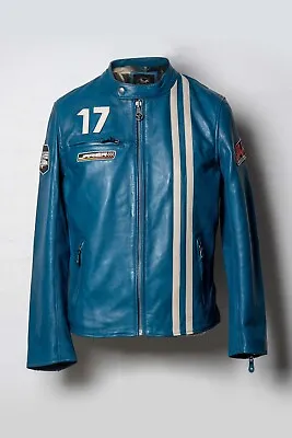 Buy Cafe Racer Blue Men Genuine Lamb Leather Jacket Plus Size • 192.76£