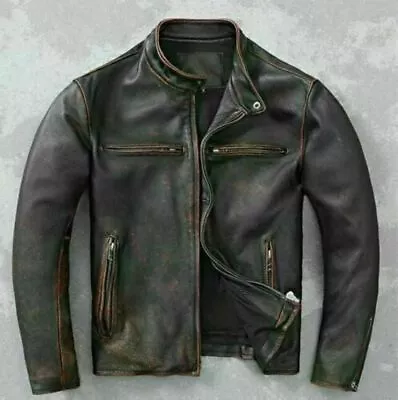Buy Black Leather Jacket Men - Distressed Black Real Leather Mens Motorcycle Jacket • 89.80£