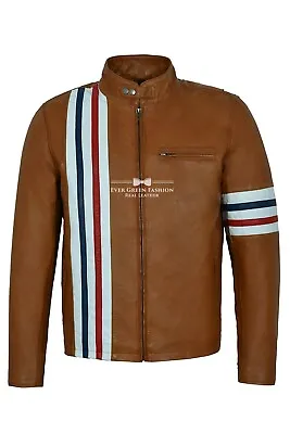 Buy Men's TAN Leather Jacket AMERICAN Biker Style Stripes REAL LEATHER EASY RIDER • 102.95£