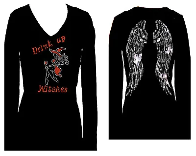 Buy Drink Up Witches Angel Wings Halloween Rhinestone Vneck Long Sleeve Tee Shirt • 28.64£