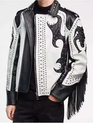 Buy Stylish Fringe Leather Jacket Punk Style Black Studded Leather Jacket Mens Spike • 263.26£