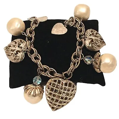 Buy VTG Heart Charm Bracelet Basket Rope Cage Dimple Faux Pearls Gold White Enamel • 28.37£