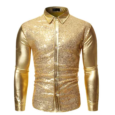 Buy Mens Long SleeveTops Sequin Shiny Button Shirt Nightclub Latin Dance T-Shirt • 14.39£