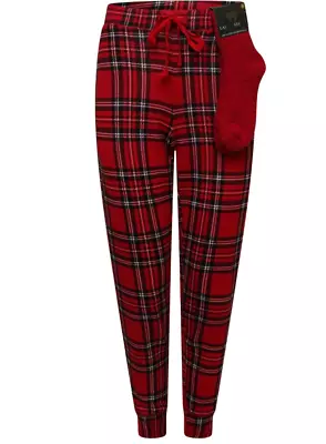 Buy Ladies PJ Bottoms & Socks Set Red Check Lounge Festive Cuffed Pockets Pyjamas • 9.99£