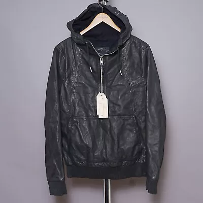 Buy ALL SAINTS Mens ZONE Leather Jacket LARGE Black Hoodie Celebrity Biker Bomber L • 199.99£