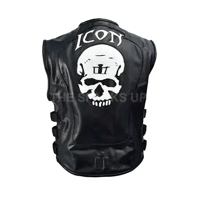 Buy Icon Skull Racer Mens Leather Casual Halloween Motorcycle Wear Vest Skul Biker • 119.99£