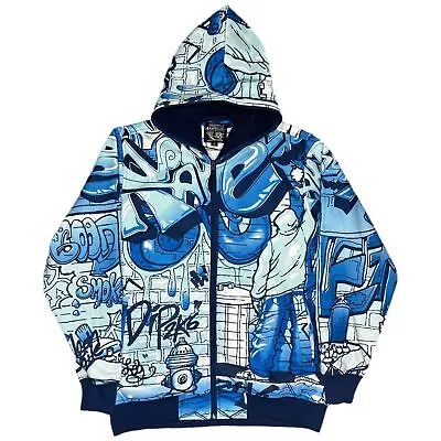 Buy Raw Blue Rare Y2K Graffiti Blue Hiphop Urban Hoodie, Size Small • 100£