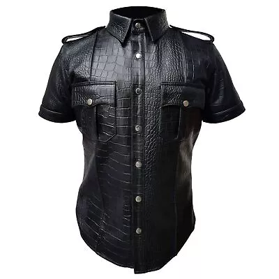 Buy Men Black Crocodile Textured Leather Police Style Shirt Jacket With Cargo Pocket • 146£
