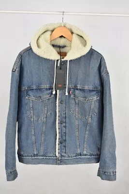 Buy Levi Strauss Blue Denim Hooded Faux-Wool Fleece Lined Jacket Popper BNWT Size S • 29.99£