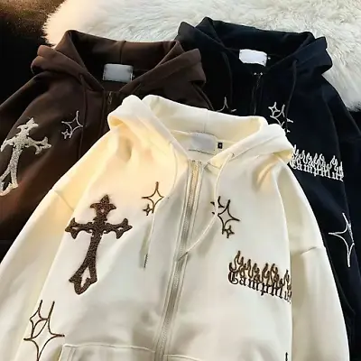 Buy Y2K Loose Zip Up Hoodie Gothic Grunge Streetwear Pullover Cross Embroidery • 23.59£