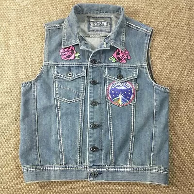 Buy Ring Of Fire Jean Vest Women's Size Small Patches Roses Star Wars Rocky Horror • 23.68£