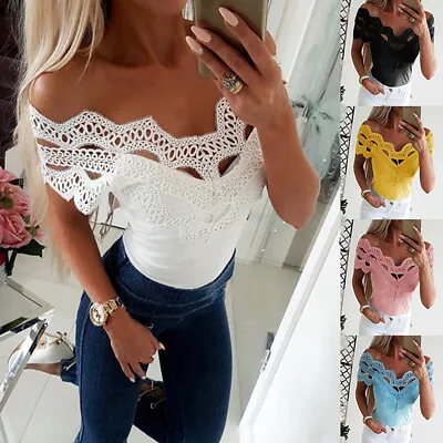 Buy Plus Size Womens Lace Off Shoulder Tops Ladies Summer Sexy Tee T Shirt Blouse UK • 3.59£