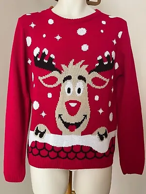 Buy New Teens Unisex Smiling Rudolph The Reindeer Knitted Christmas Jumper • 11.99£