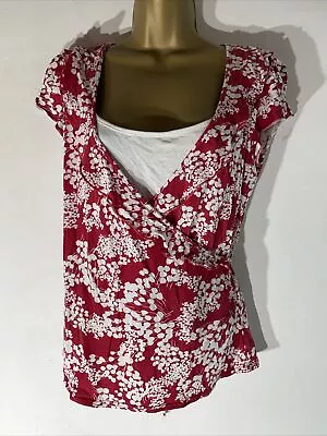 Buy Womens BHS Uk 14 Red&white Floral Short Sleeve Faux Wrap Stretch Jersey T-shirt • 9.99£