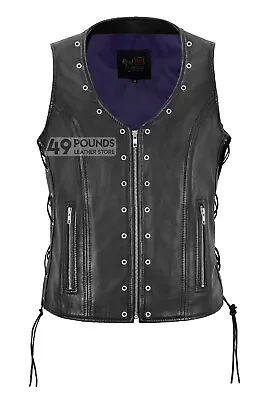 Buy Ladies Bikers Waistcoat Eyelet Laced Design Real Leather Punk Gothic Rock Vest  • 42£