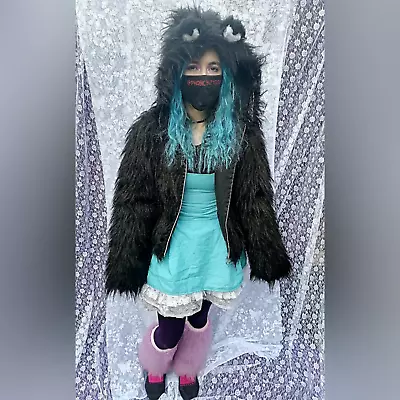 Buy Black Faux Fur Jacket With Teady Bear Ears Size Small Fluffy Coat Hoodie • 65£