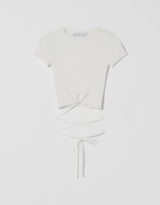 Buy Bershka White Ribbed Wrap T-shirt (M)  • 4£