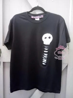 Buy OOAK Gothic Kawaii Creepy Cute Visual Kei Black Skeleton Tshirt Size ML Handmade • 12.99£