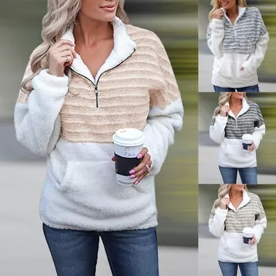 Buy Women's Zipper Flannel Sweatshirt Long Sleeve Winter Warm Tops Pullover Coats • 17.49£