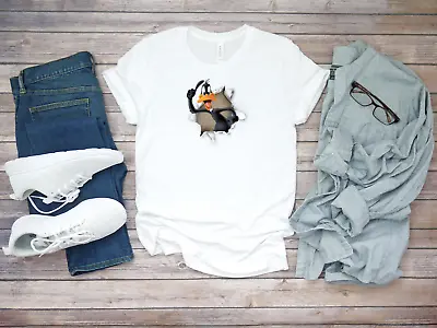 Buy Torn Effect Daffy Duck Short Sleeve White Men's T Shirt K832 • 9.92£