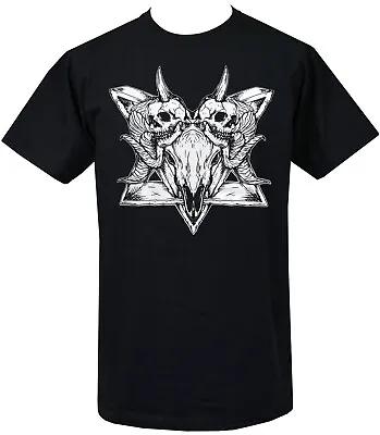 Buy Mens Satanic T-Shirt Baphomet Goat Skull Gothic Pentagram Horns Devil Worship • 20.50£