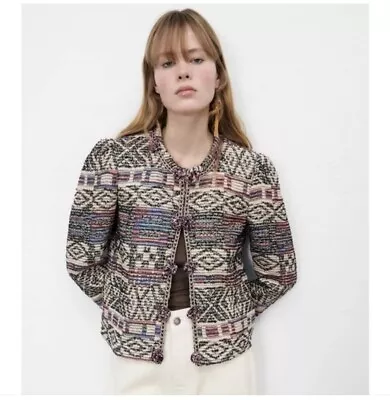 Buy NWT Zara Aztec Jacquard Cropped Jacket Size M Blogger Fave Cotton Wool Blend • 27.91£