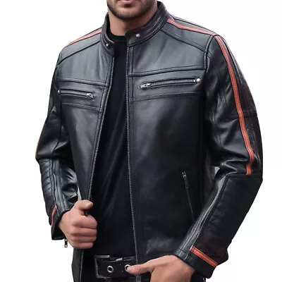Buy New Men's Black Lambskin Cafe Racer Biker Slim Fit Retro Genuine Leather Jacket • 83.50£