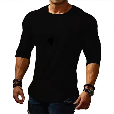 Buy Mens Slim Muscle Fit Long Sleeve T Shirt Gym Designer Plain Curved Hem Tee Top • 12.54£