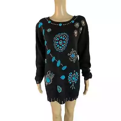 Buy VTG Gibson Jeweled Beaded Sweater Black Turquoise Padded Shoulders Womens Small • 25.51£