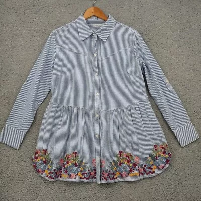 Buy A Personal Touch Tunic Shirt Womens Medium Blue Stripe Floral Embroidered Pocket • 13.25£