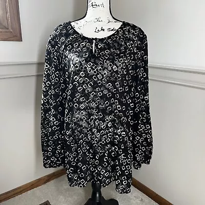 Buy Chicos Chiffon Sheer Blouse Women 3 Size XL Shirt Black Tan Geometric Print Top • 18.83£
