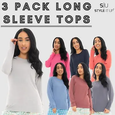 Buy Womens Ladies 3 Pack Plain Long Sleeve T-Shirt Top Fitted Stretch Basic Casual • 10.99£