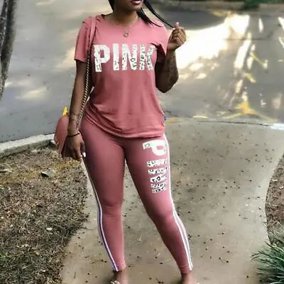 Buy Pink Letter Print 2 Piece Activewear Outfits Jogging Women Fashion Plus Size New • 24.13£