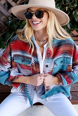 Buy Boho Vintage Aztec Tribal Yellowstone Distressed Flannel Shirt Jacket Shacket S • 40.15£