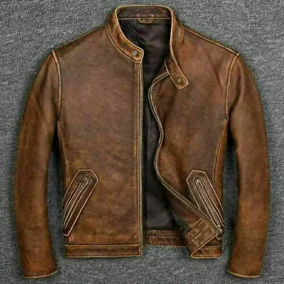 Buy Men's Biker Brown Vintage Motorcycle Distressed Cafe Racer Leather Jacket • 99.99£