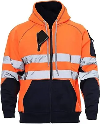 Buy Hi Viz Vis High Visibility Fleece Jacket Work 3 Zip Hooded Sweatshirt Hoodie • 17.99£