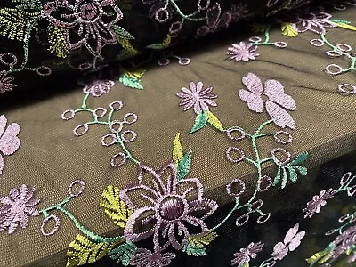 Buy Embroidered Chemical Lace Fabric, Per Metre - Black Tulle, Pink Flowers • 7.99£