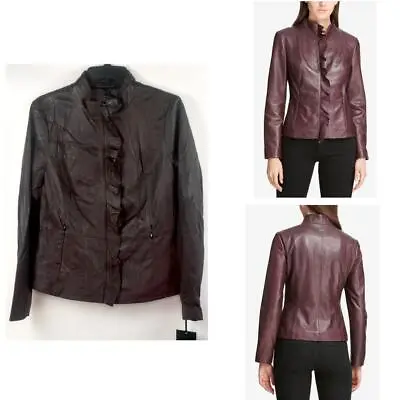 Buy DKNY Leather Ruffle Trim Moto Jacket Bordeaux Size M New • 97.33£