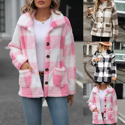 Buy Women's Warm Teddy Bear Fleece Fur Check Coats Pockets Jacket Button Up Cardigan • 21.11£