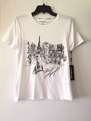 Buy New Karl Lagerfeld Women Eiffel Tower Notre Dame Cathedral White T Shirt Size XS • 45.36£