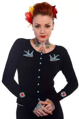 Buy BANNED Apparel Hybrid Blue Swallows Bird Rockabilly Gothic Punk Black Cardigan • 31.99£