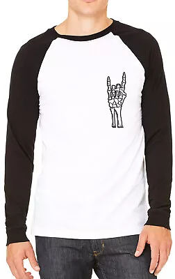 Buy Rock On Skeleton Hand Signal Breast Mens Womans Unisex Pocket Baseball T-Shirt • 13.99£