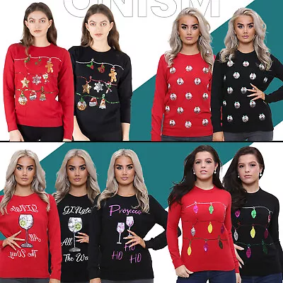 Buy Ladies Women's Xmas Sequin Jingle Bell Hoho Pudding Mrs Claus Knitted Jumper Top • 16.99£